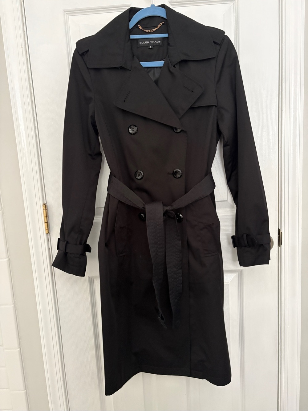 Ellen Tracy Black Double-Breasted Trench with Belted Waist